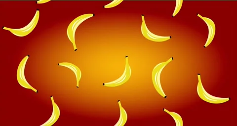Yellow bananas rotating on red background Stockbeeldmateriaal 146406448