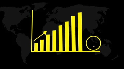 Yellow bar chart on world map showing global growth patterns and analytics .. Stock Footage 321582606