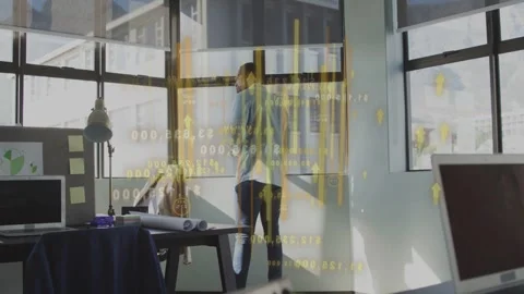 Yellow bar charts appearing over him architect standing at window shifting Stock Footage 333132349