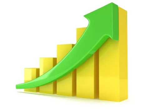 Yellow bar graph with green arrow Иллюстрация