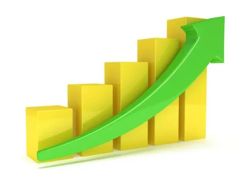 Yellow bar graph with green arrow Stock Illustration