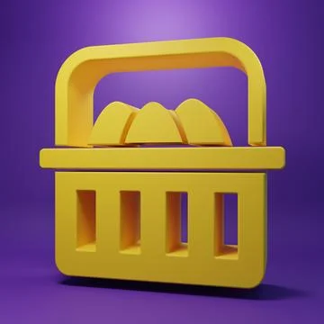 Yellow Basket with easter eggs icon isolated on purple background. Happy Ea.. Stock Photos