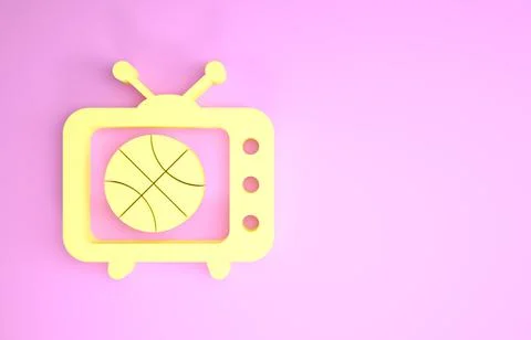 Yellow Basketball match on tv program icon isolated on pink background. Minim 스톡 일러스트