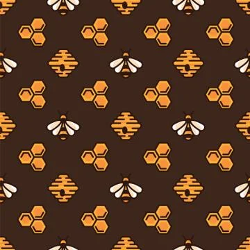 Yellow bee, bee hive and honeycomb on brown pattern background. Seamless pattern Stock Illustration