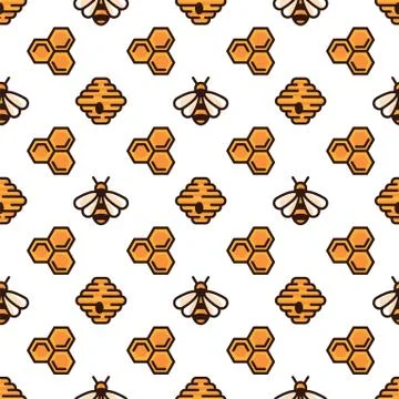 Yellow bee, bee hive and honeycomb on white pattern background. Seamless pattern Stock Illustration