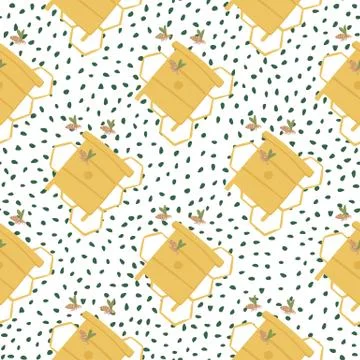 Yellow beehives silhouettes seamless pattern with bees. White dotted backgrou Illustrazione stock