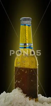 Yellow beer bottle in ice frost Stock Photos