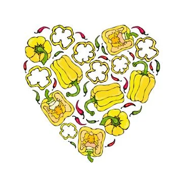 Yellow Bell Peper Heart Shape Wreath. Half of Sweet Paprika and Rings of Pepper Stock Illustration
