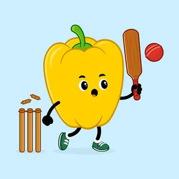 Yellow bell pepper cartoon playing cricket sport Stock Illustration