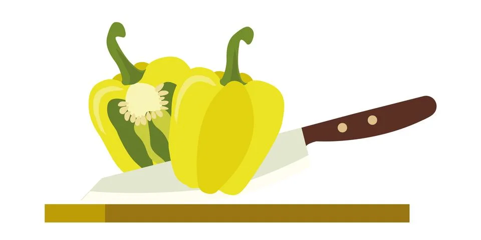 Yellow bell pepper vector on chopped board. free space for text. Cut half. Stock Illustration