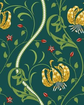 Yellow big lily seamless pattern on green background. Vector illustration. Stock Illustration