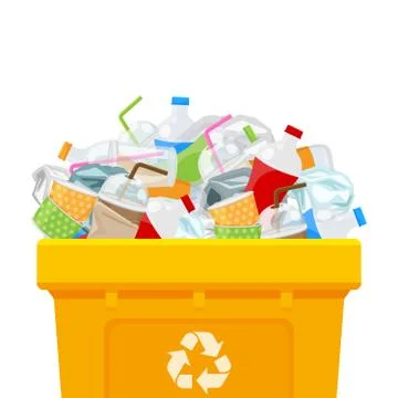 Yellow bin full and plastic garbage waste isolated white square background, p Illustrazione stock