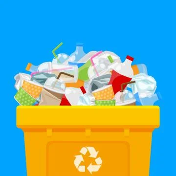Yellow bin full and plastic garbage waste isolated blue square background, pl 스톡 일러스트