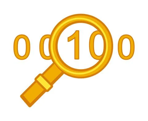 Yellow binary search icon. 0 and 1 in magnifying glass. Stock-Illustration