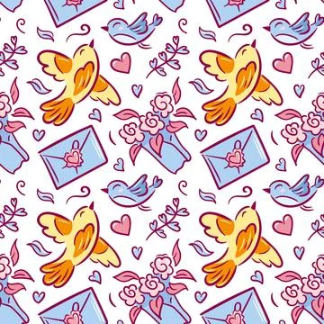 Yellow bird pattern with envelopes and letters, winged messengers, stamps and Stock Illustration