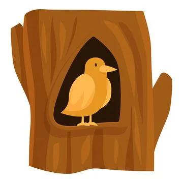 Yellow bird standing in tree hollow, wildlife illustration Stock Illustration