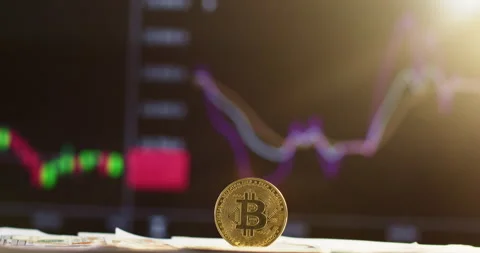 Yellow bitcoin against the backdrop of dynamic charts Stock Footage 246944639