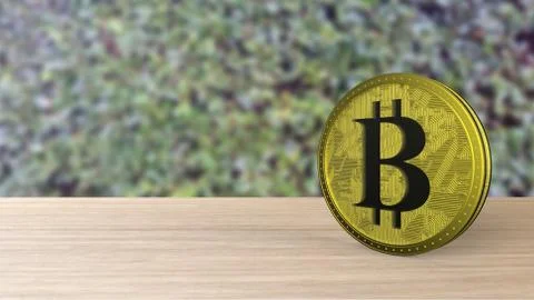Yellow bitcoin gold coin Isolated on blur leaves background. bit-coin 3d rend Stock Illustration