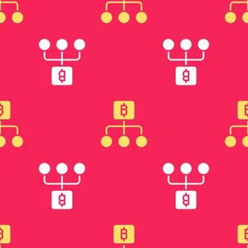 Yellow Blockchain technology Bitcoin icon isolated seamless pattern on red 스톡 일러스트