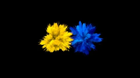 Yellow Blue Color Burst - Multiple colorful smoke explosions fluid alpha matte Stock Footage 105579719