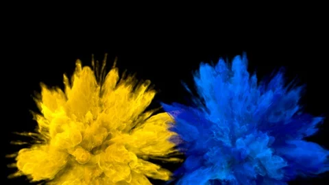 Yellow Blue Color Burst Multiple colorful smoke explosions fluid particles alpha Stock Footage 105580239