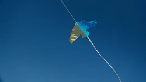 Yellow-blue kite in the form of a bird. Clear sky. Video stock 283183680