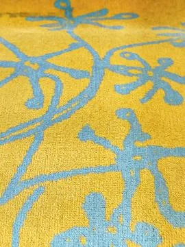 Yellow Blue Patterned Train Seat Fabric Texture In RER A Transportation 스톡 사진