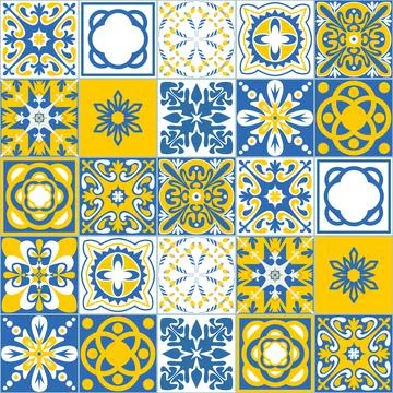 Yellow blue seamless pattern, traditional spanish Azulejo tile mosaic, contra Ilustración de archivo
