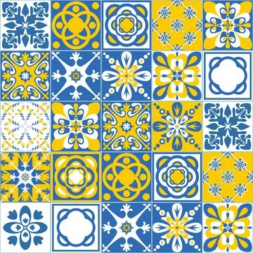 Yellow blue seamless pattern, traditional spanish Azulejo tile mosaic, vector Ilustración de archivo