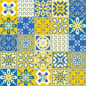 Yellow blue seamless pattern, traditional spanish Azulejo tile mosaic, contra 库存插图