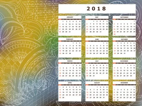 Yellow-blue tangle zen pattern calendar year 2018 Stock Illustration