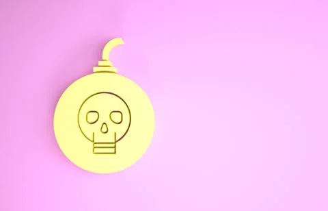 Yellow Bomb ready to explode icon isolated on pink background. Happy Hallowee 库存插图