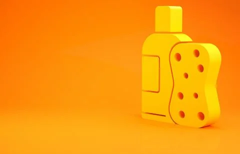 Yellow Bottle of shampoo and sponge icon isolated on orange background. Minim Stock Illustration