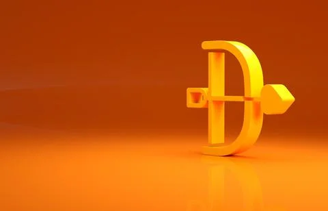 Yellow Bow and arrow icon isolated on orange background. Cupid symbol. Love sign Stock Illustration