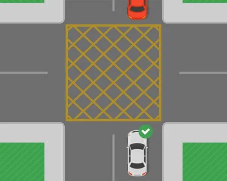 Yellow box junction rule. Correct position on the junction road. Top view. Stock Illustration