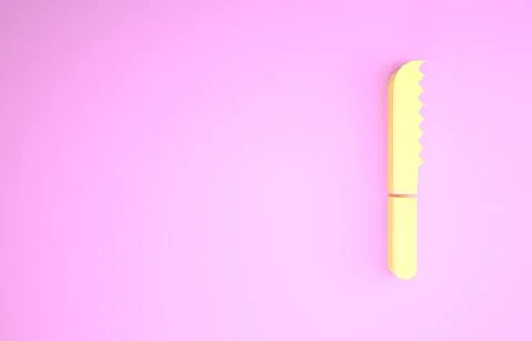 Yellow Bread knife icon isolated on pink background. Cutlery symbol. Minimali Illustrazione stock