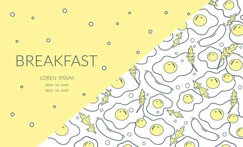 Yellow breakfast-themed background with eggs, sausages, and lettuce pattern.. Stock Illustration