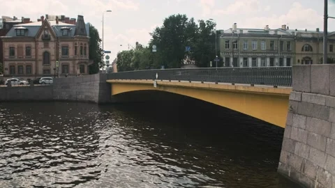 Yellow  bridge over the river one can walk on Stock Footage 157993275