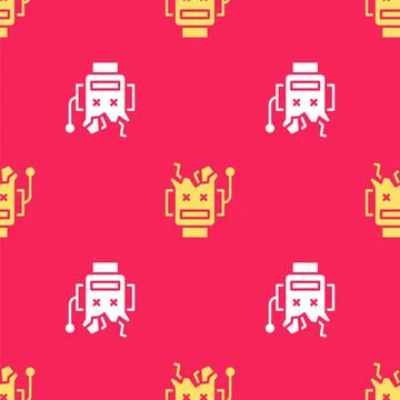 Yellow Broken robot icon isolated seamless pattern on red background. Artificial Stock Illustration