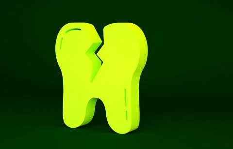 Yellow Broken tooth icon isolated on green background. Dental problem icon. D Stock Illustration