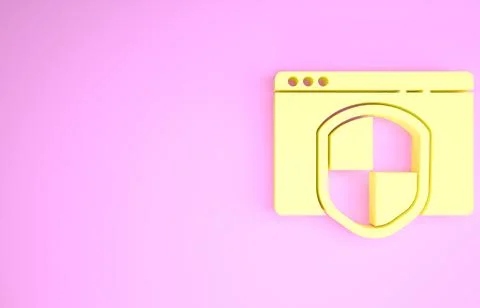 Yellow Browser with shield icon isolated on pink background. Security, safety Stock Illustration