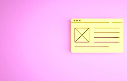 Yellow Browser window icon isolated on pink background. Minimalism concept. 3 Ilustración de archivo