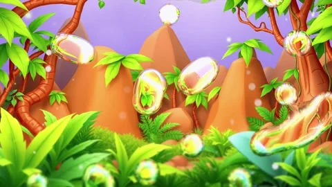 Yellow Bubble Forest Fantasy: Bright Spheres and Lush Foliage in a Dreamy Carto Stock Footage 308847144