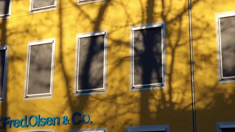 Yellow building, bare tree trunks and branches cast shadows on the exterior Stock Footage 231909614