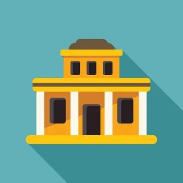 Yellow building facade with columns and windows casting long shadow Ilustración de archivo