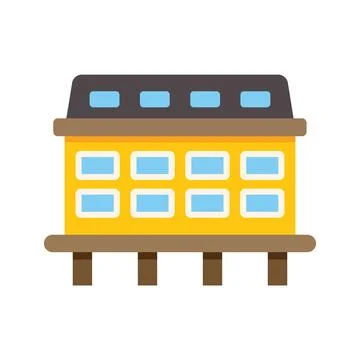 Yellow building with skylights and support pillars, modern architectural desi Ilustración de archivo