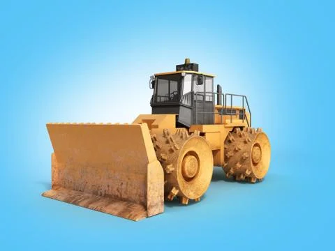 Yellow Bulldozer 3d render Isolated on blue Stock Illustration