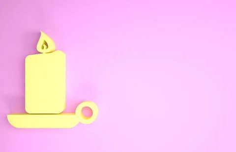 Yellow Burning candle in candlestick icon isolated on pink background. Old fa Stock Illustration