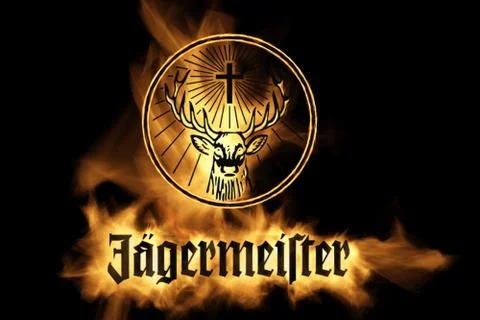 Yellow Burning Flames Effect on Jgermeister Icon Logo against black backgroun Illustrazione stock