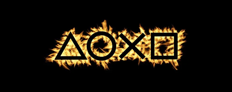 Yellow Burning Flames Effect on Sony PlayStation Icon Logo Shapes against bla Stock Illustration